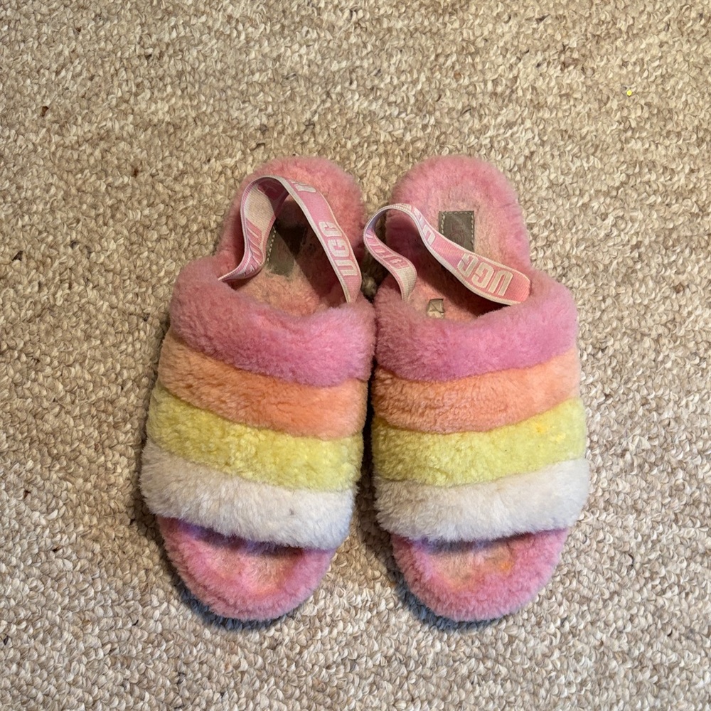 UGG Rainbow Fuzzy Slide Sandals - Pink Multicolor